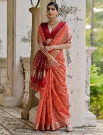 Red Solid Silk Blend Saree