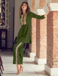 Grey Olive Chanderi Silk Straight Pant