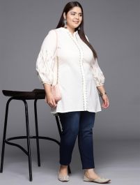 Pearl White Cotton Floral Printed Plus Size kurti Online FABKU20869 FABANZA UK