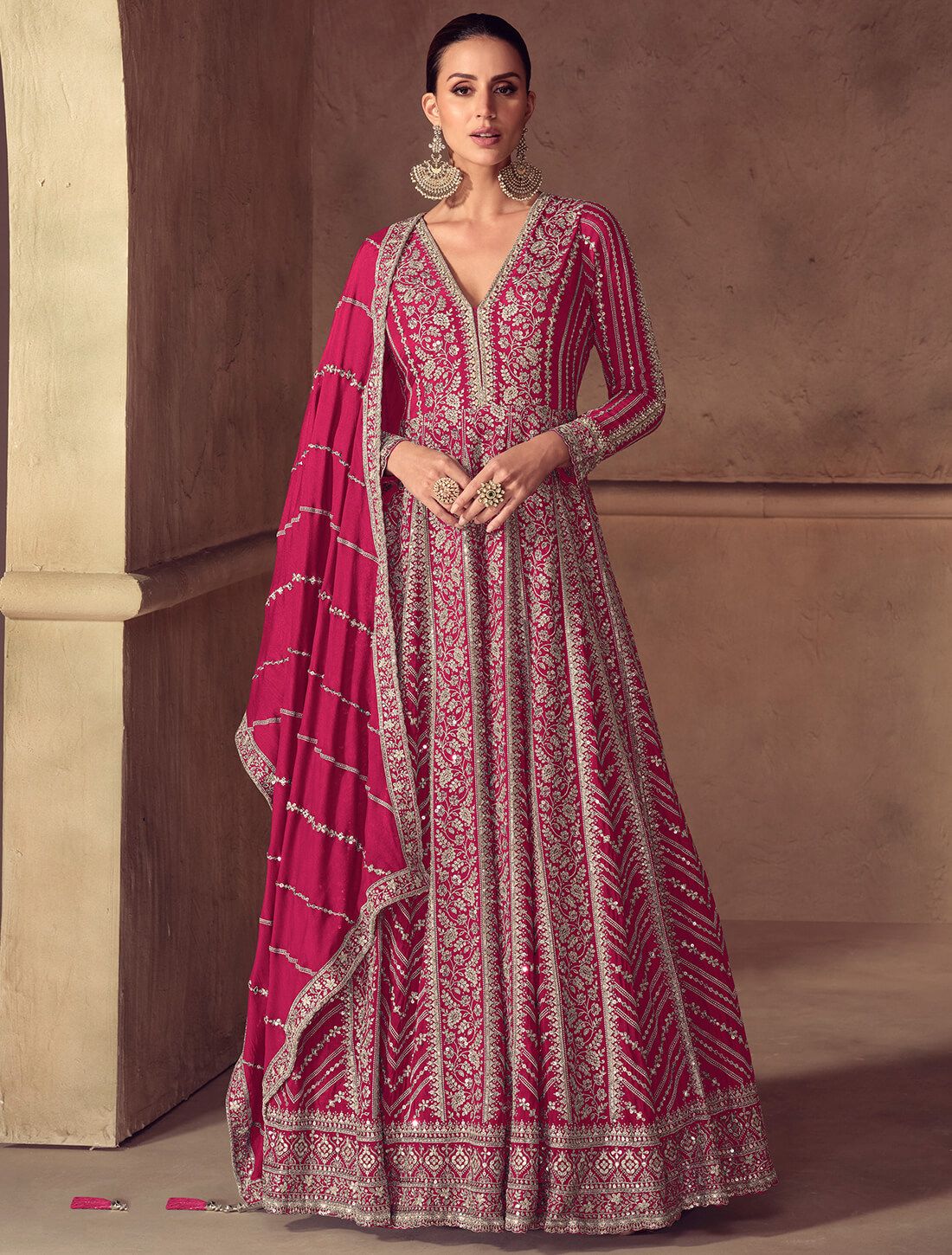 Fuchsia Pink Chinon Designer Ready To Wear Anarkali Suit