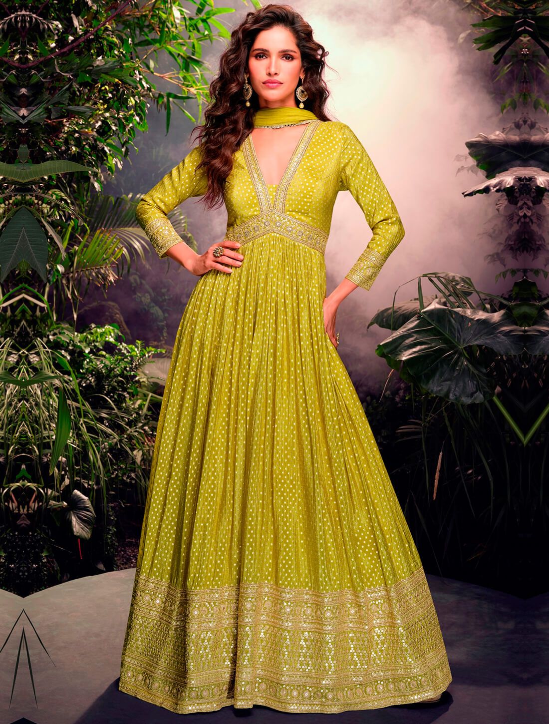 Lime Green Jacquard Silk Ready To Wear Eid Anarkali Suit In XL