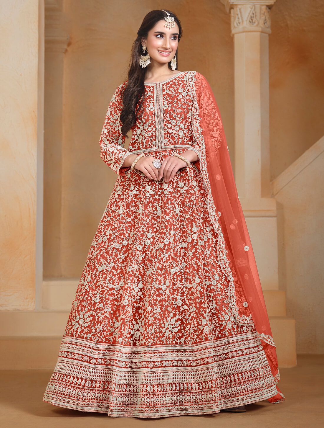 Orange Net Embroidered Eid Anarkali Suit
