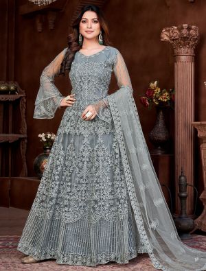 Grey Net Anarkali Suit With Embroidery Work small FABSL21411