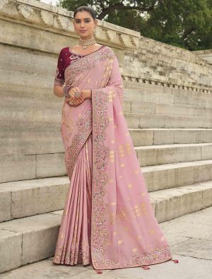 Baby Pink Viscose Tissue Silk Designer Saree