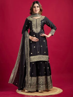 Black Chinon Sequined Ready To Wear Sharara Suit swatch FABSL22177