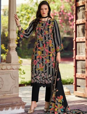 Black Muslin Floral Printed Ready To Wear Salwar Kameez FABSL22221