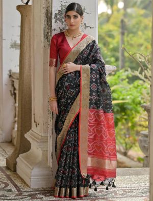 Black Raw Silk Blend Saree With Ikat Weaving