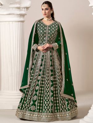 Bottle Green Georgette Embroidered Anarkali Suit small FABSL21939