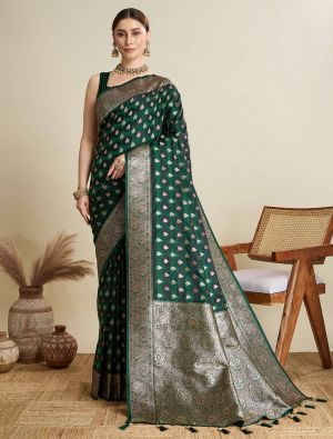 Bottle Green Satin Silk Saree With Woven Zari