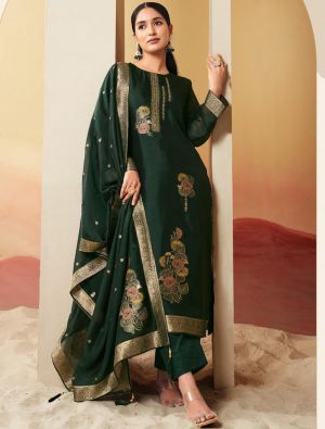 Bottle Green Silk Jacquard Elegant Salwar Kameez small FABSL22175