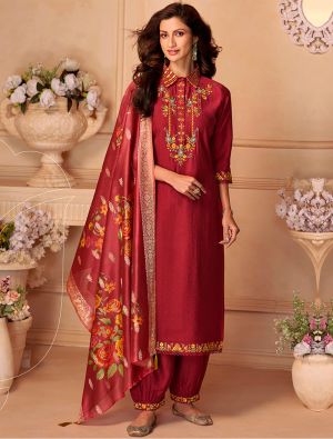 Bright Maroon Viscose Silk Embroidered Ready To Wear Salwar Kameez FABSL22277