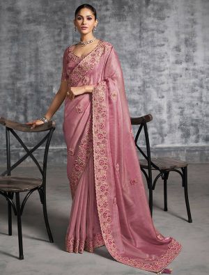 Charm Pink Tissue Silk Embroidered Designer Saree