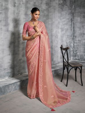 Coral Pink Tissue Silk Embroidered Designer Saree