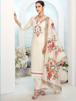 Creamy White Viscose Silk Embroidered Ready To Wear Salwar Kameez FABSL22262