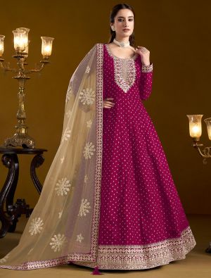 Dark Pink Chanderi Embroidered Anarkali Suit small FABSL21946