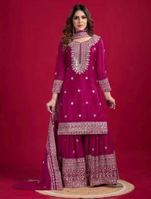 Dark Pink Chinon Sequined Ready To Wear Sharara Suit swatch FABSL22180