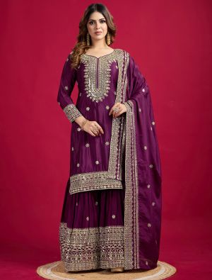 Dark Purple Chinon Sequined Ready To Wear Sharara Suit swatch FABSL22181