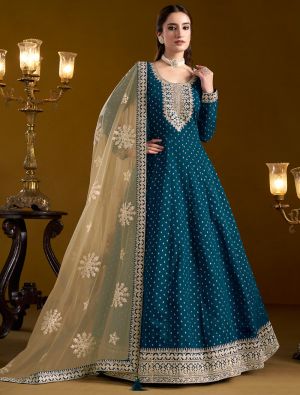 Dark Teal Chanderi Embroidered Anarkali Suit small FABSL21945