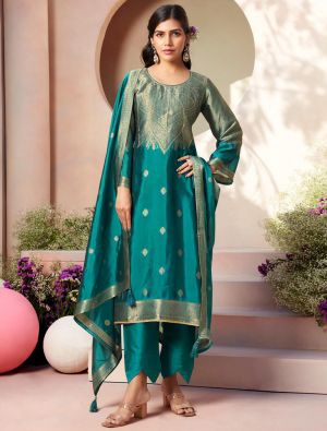 Deep Turquoise Silk Jacquard Elegant Salwar Kameez small FABSL22166