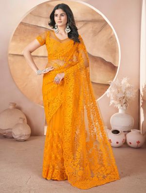 Deep Yellow Butterfly Net Embroidered Saree