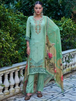 Green Muslin Salwar Kameez With Resham Embroidery And Cut Work small FABSL22021