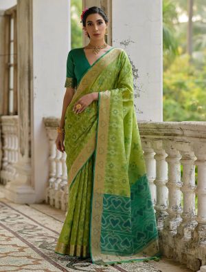 Green Raw Silk Blend Saree With Ikat Weaving