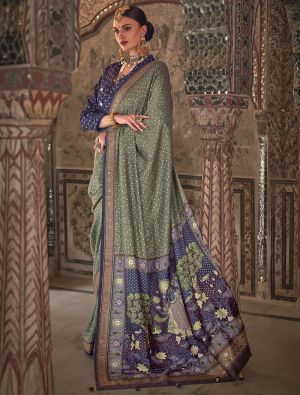 Greenish Grey Viscose Silk Saree With Weaving And Dew Drop Print