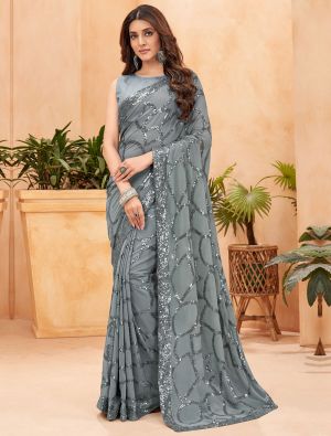 Grey Georgette Blooming Saree With Sequins