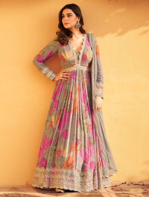 Greyish Beige Chinon Ready To Wear Anarkali Suit In XL small FABSL22192