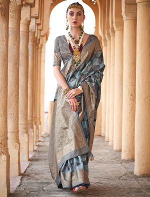 Greyish Green Viscose Silk Saree With Weaving And Foil Print