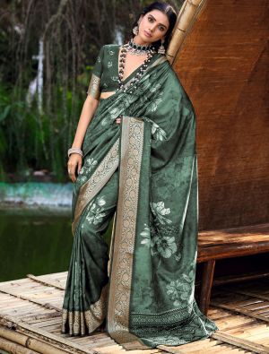 Hazel Green Cotton Silk Party Wear Saree