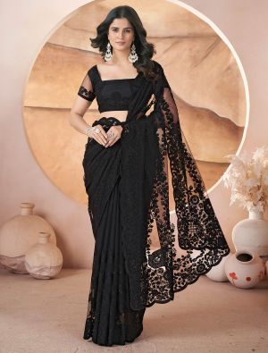 Jet Black Butterfly Net Embroidered Saree