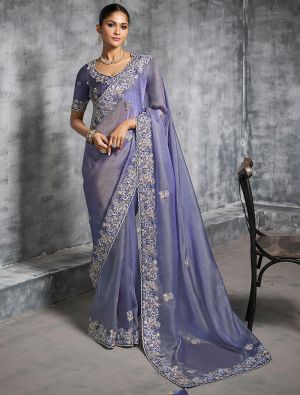 Lavender Blue Tissue Silk Embroidered Designer Saree