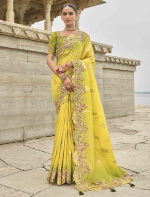 Lemon Yellow Viscose Tissue Silk Designer Saree