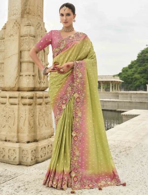 Light Green Viscose Tissue Silk Designer Saree