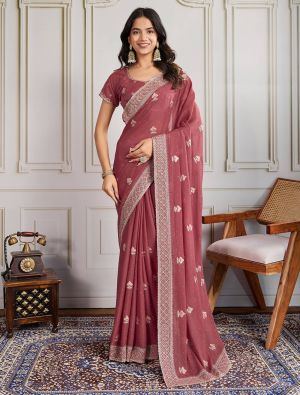 Light Maroon Star Georgette Embroidered Saree With Swarovski