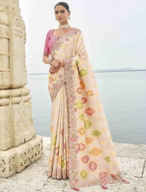 Light Peach Viscose Tissue Silk Designer Saree