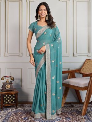 Light Sea Green Star Georgette Embroidered Saree With Swarovski