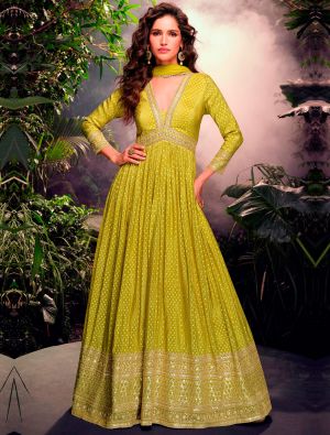 Lime Green Jacquard Silk Ready To Wear Anarkali Suit In XL small FABSL22193