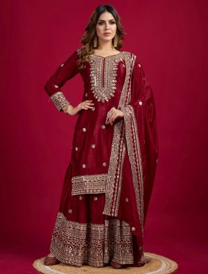 Maroon Chinon Sequined Ready To Wear Sharara Suit swatch FABSL22178