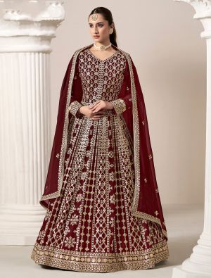 Maroon Georgette Embroidered Anarkali Suit small FABSL21942