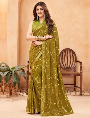 Mehendi Green Georgette Blooming Saree With Sequins