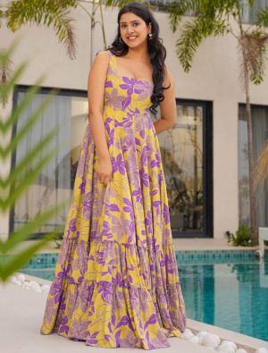 mellow yellow rayon flared trendy gown   small fabgo20368