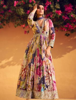 Multicolor Chinon Ready To Wear Anarkali Suit In XL small FABSL22189