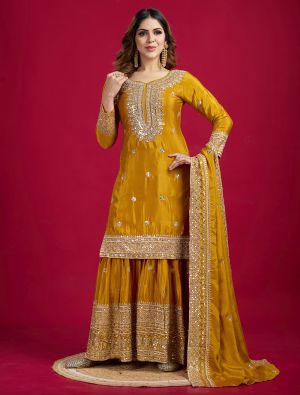 Mustard Chinon Sequined Ready To Wear Sharara Suit swatch FABSL22179