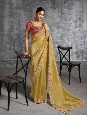 Mustard Tissue Silk Embroidered Designer Saree