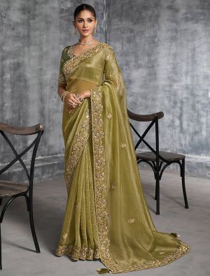 Olive Green Tissue Silk Embroidered Designer Saree