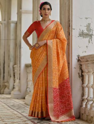 Orange Raw Silk Blend Saree With Ikat Weaving