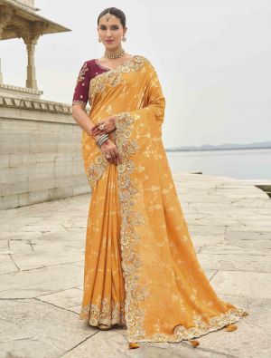 Orange Viscose Tissue Silk Designer Saree