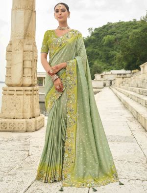 Pastel Green Viscose Tissue Silk Designer Saree